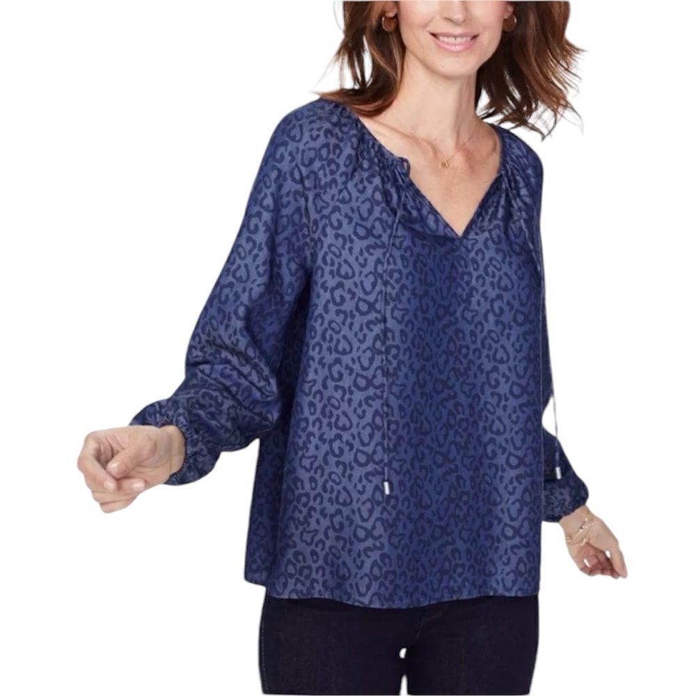 NYDJ Tie Front Printed Long Sleeved Blouse in Blue Size S